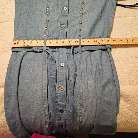 NWT Women Sz Small Given Kale Blue Light denim jean dress metal rhineston belted - Picture 6 of 11